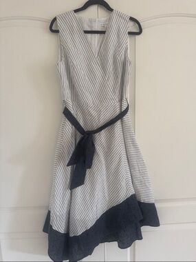 cleo White and Navy Striped Sleeveless Wrap Midi Dress